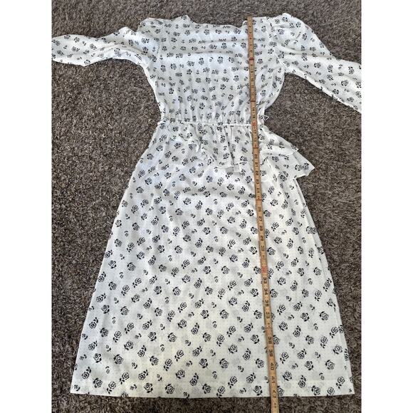 Vintage Midi Dress Size 10 White Black Ditsy Floral Puff Sleeve Peplum Retro 80s - Picture 15 of 16